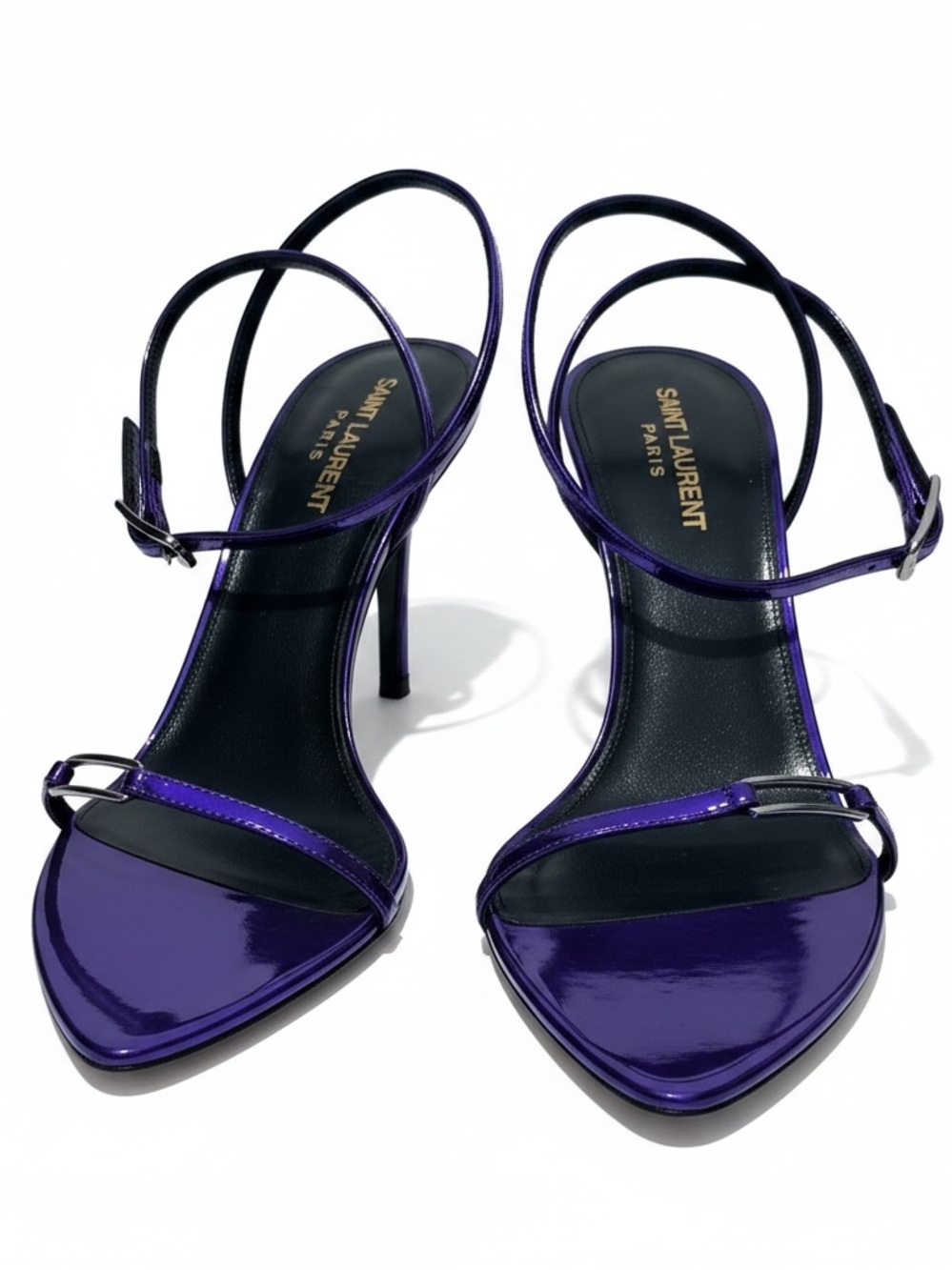 Saint Laurent Kitty 75 Metallic Plum Violet Sandals Heels 38.5 NIB